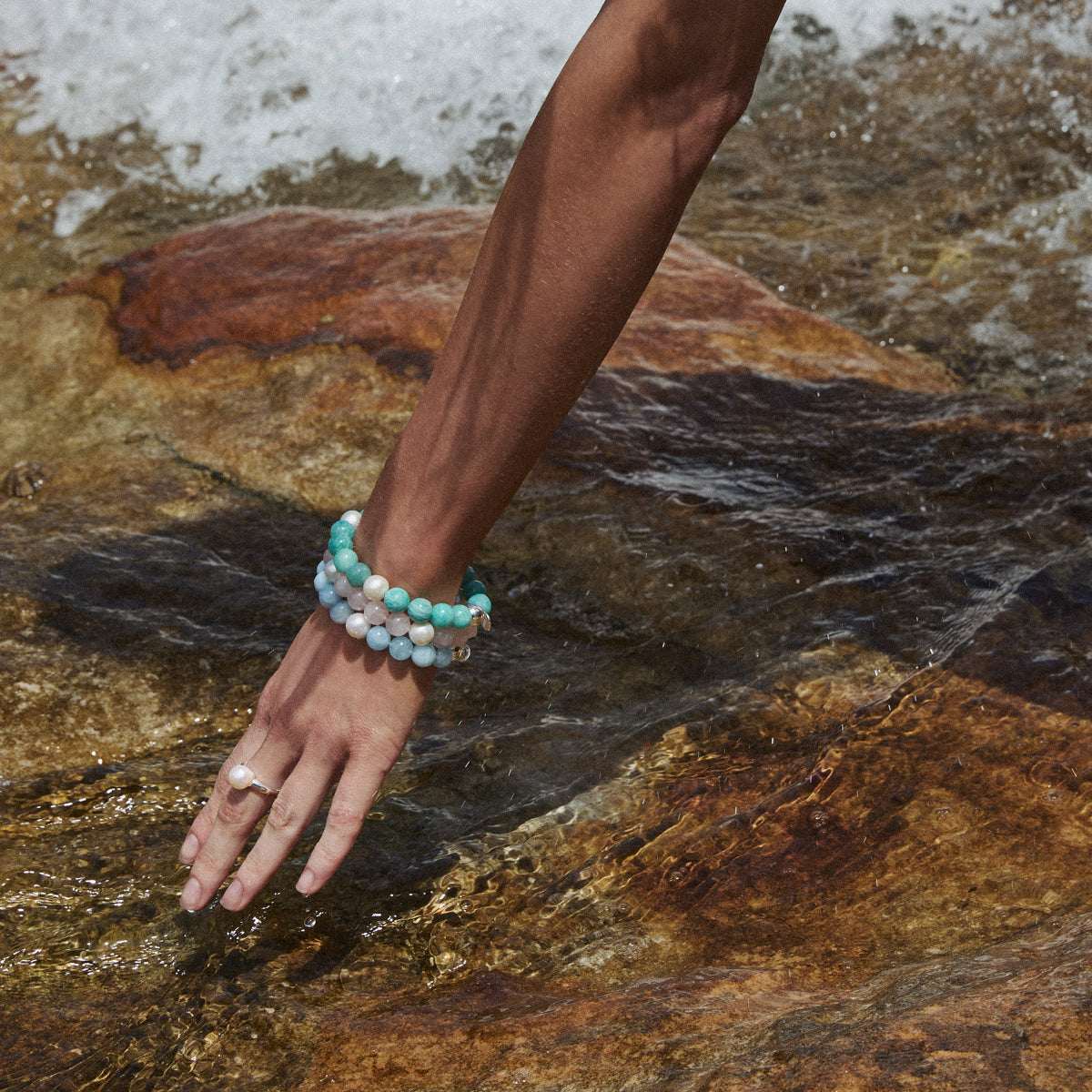 Sunset Aquamarine & Pearl Stretch Bracelet