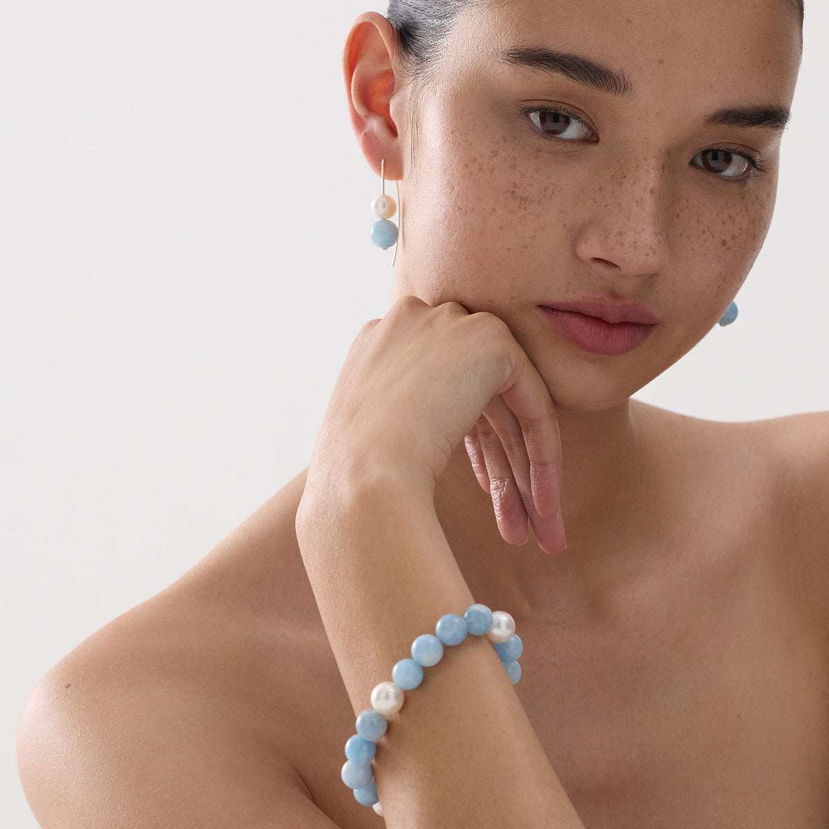 Sunset Aquamarine & Pearl Stretch Bracelet
